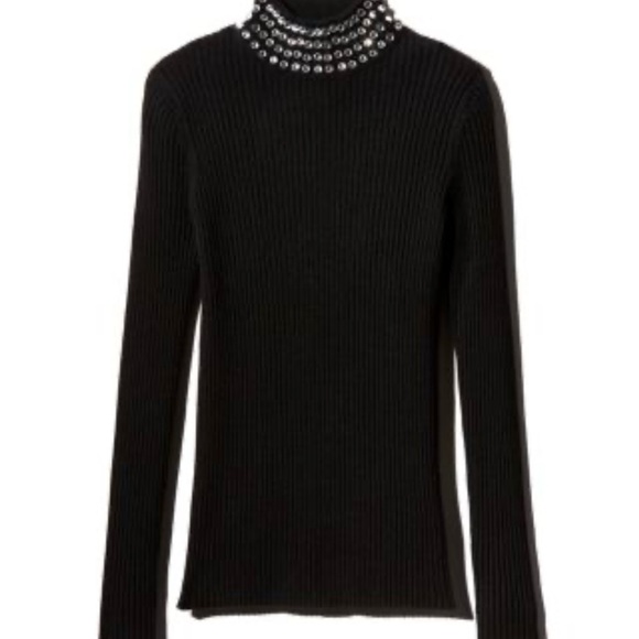 INC International Concepts Black Ribbed Sweater with Rhinestone Collar - Picture 10 of 11